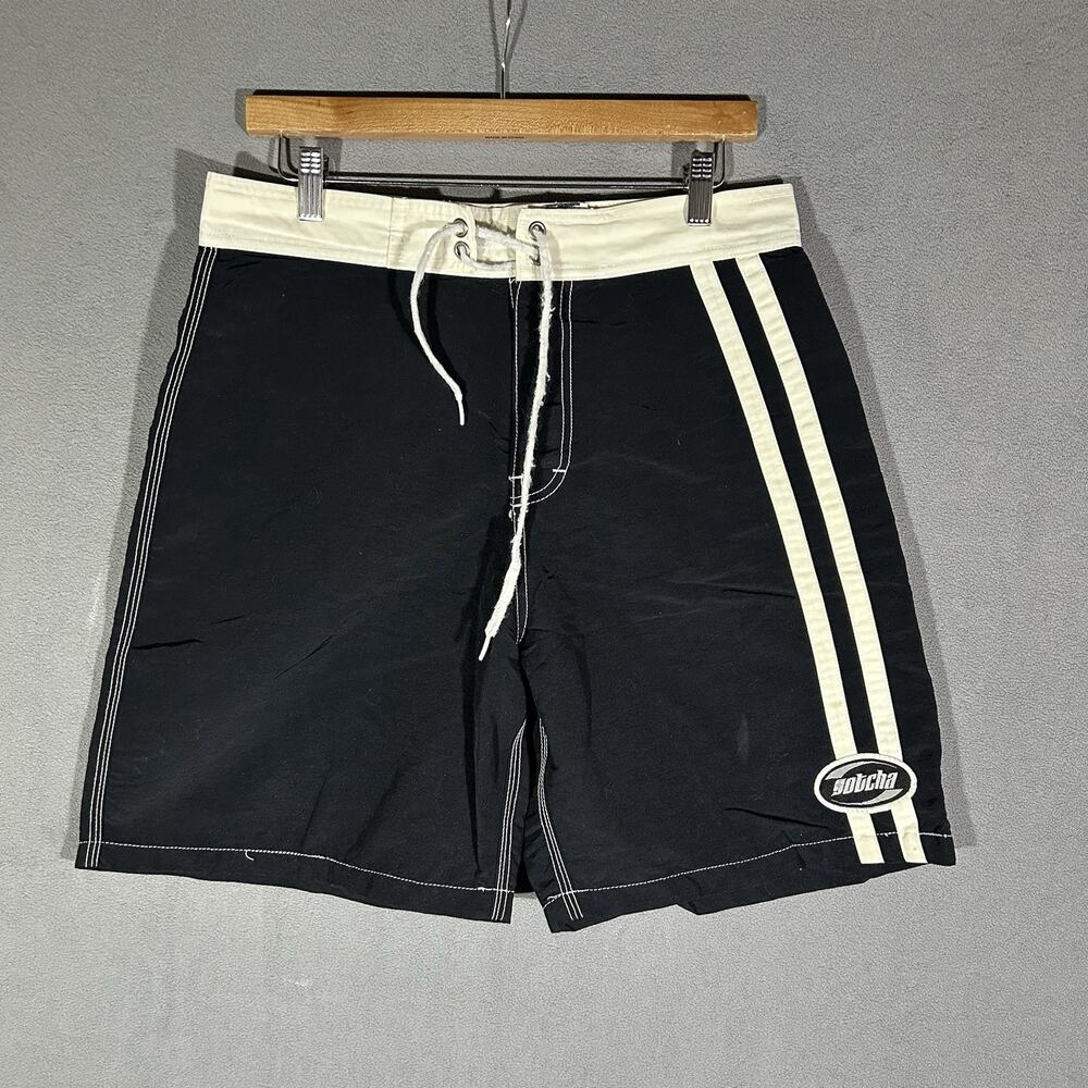 Vintage 90s Gotcha Board Shorts Mens 32 Black Gray Stripes Surf Surfing